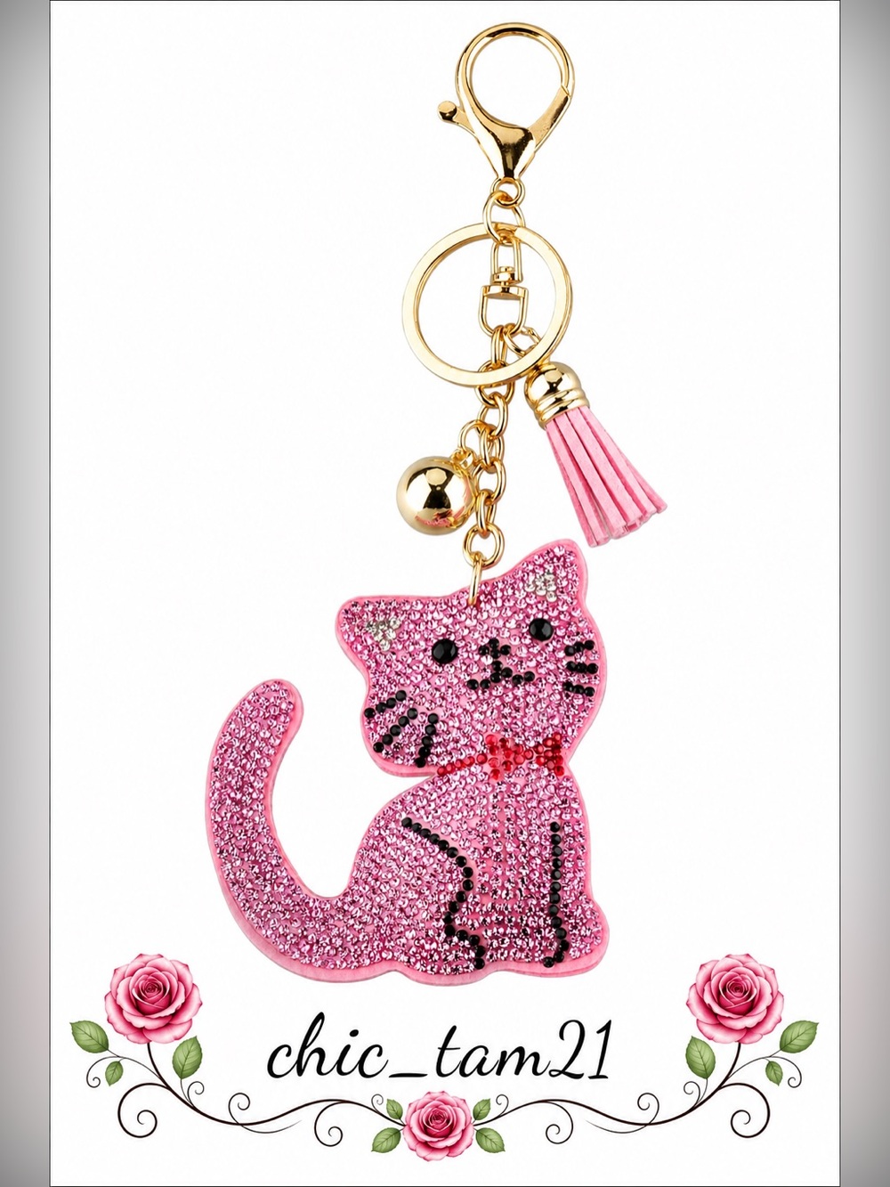Pink Crystal Cat Keychain Charm with Tassel -